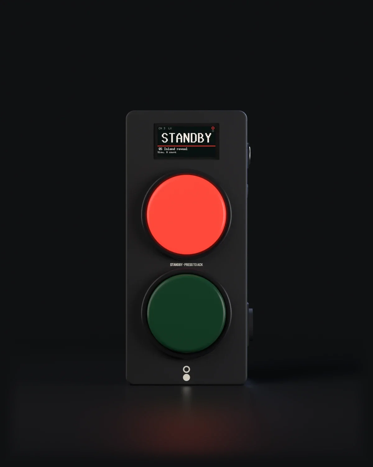 A Wing with its red button lit; its display reads STANDBY, Q5 Island reveal, Slow, 8 count.