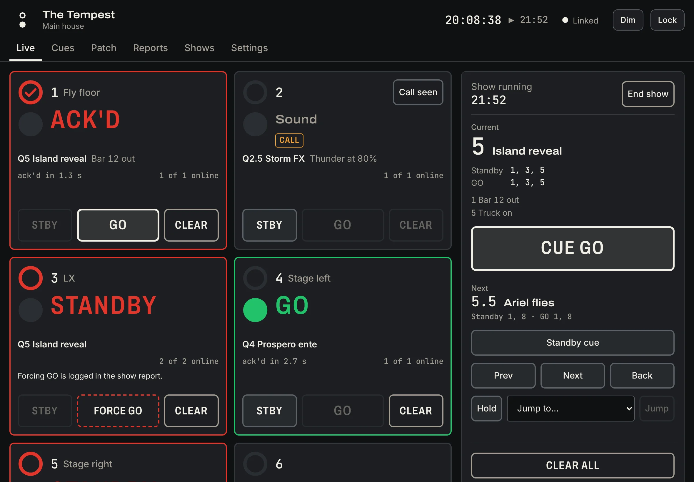 Book's live view on an iPad during The Tempest: channel 1 Fly floor ACK'D, 2 Sound with a CALL, 3 LX on STANDBY with a FORCE GO control, 4 Stage left on GO, and the cue stack with cue 5 Island reveal current.