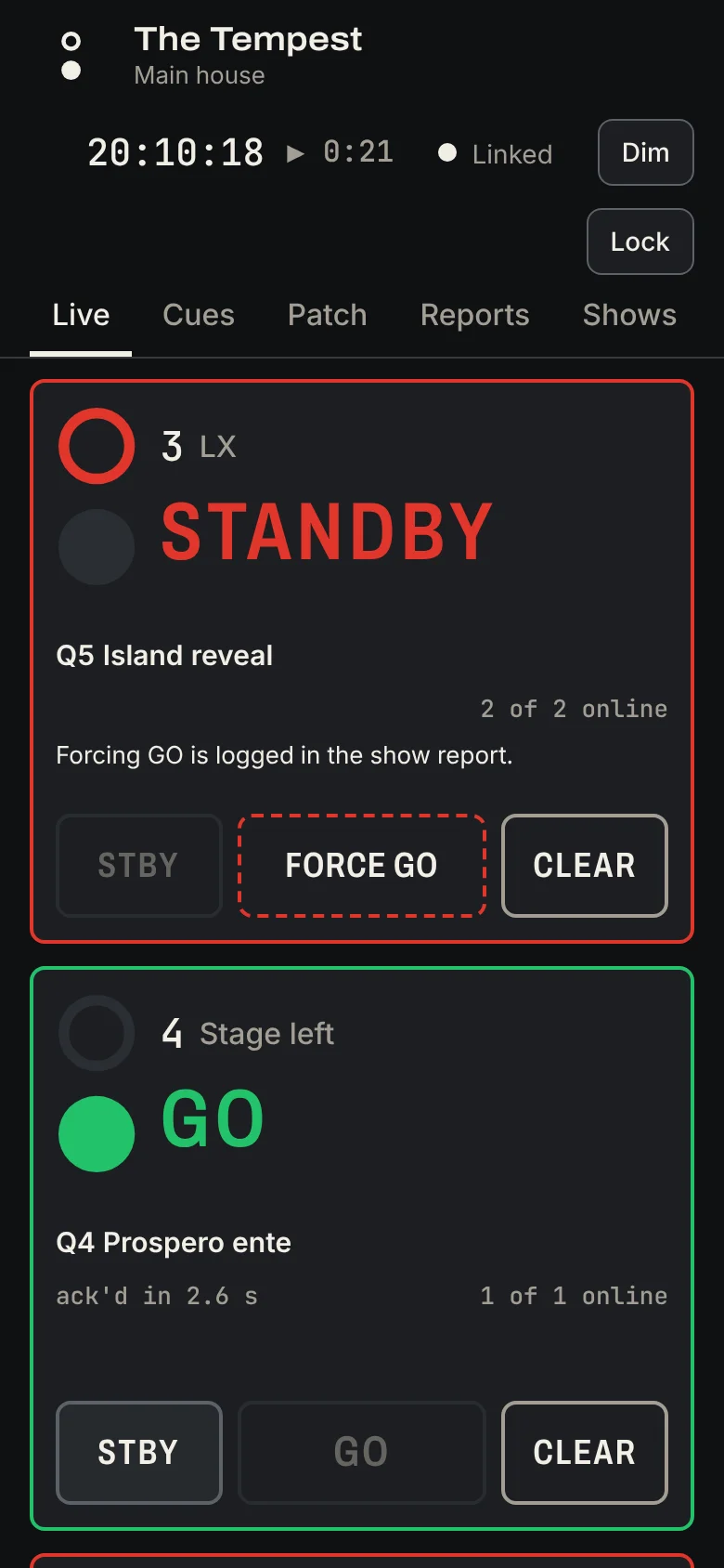 Book's live view on a phone: channel 3 LX on STANDBY with a FORCE GO control, and channel 4 Stage left on GO.