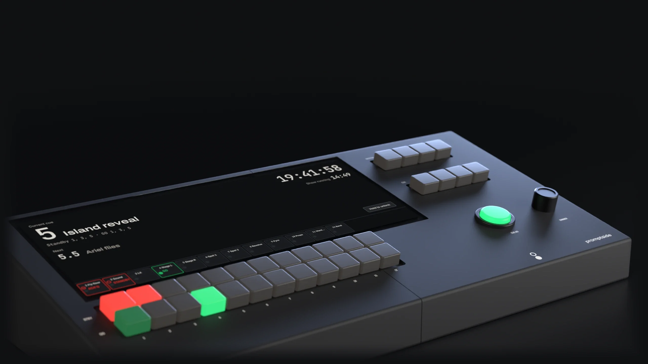 A Corner 12: the touchscreen shows the current cue and a name for each channel above two rows of twelve keys. Channel 1's STBY key is red with its GO key dim green, channel 2's STBY is red and channel 4's GO is green. To the right are the master and cue keys, a lit cue GO button and the dimmer.